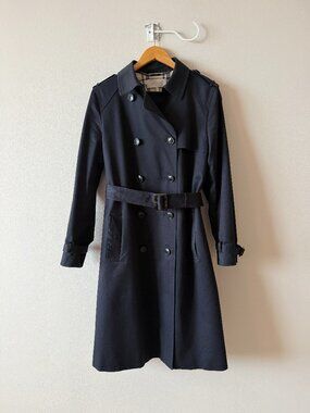Hobbs London Navy Double-Breasted Trench Coat – US 10 / UK 14 – Belted – Plaid L